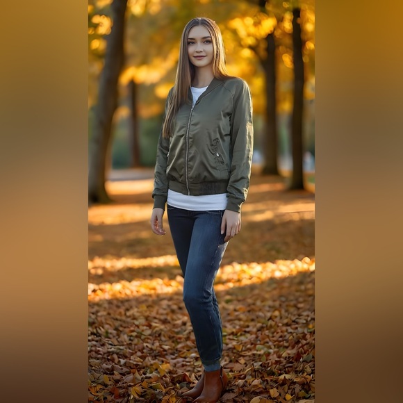 OLIVE SATIN BOMBER JACKET - Picture 2 of 2